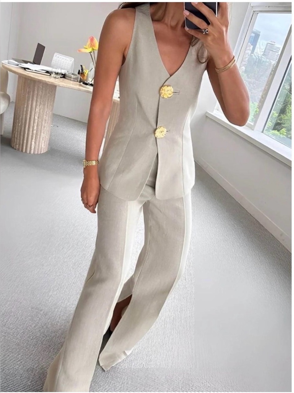 Commense Light Gray Linen Blend V Neck Sleeveless Vest‎ Wide Leg Pants Set XS